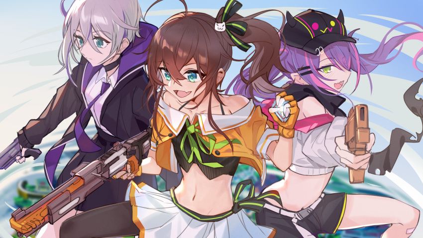 3girls absurdres ahoge apex_legends aqua_eyes b3_wingman baseball_cap black_headwear black_legwear black_ribbon brown_hair crop_top cropped_jacket dark_talker demon_girl green_eyes green_ribbons gun hair_between_eyes hair_ornament hairclip halterneck handgun hat highres hololive in-universe_location jacket kaga_sumire long_hair lupinus_virtual_games m1904_mastiff miniskirt multicolored_hair multiple_girls natsuiro_matsuri natsuiro_matsuri_(1st_costume) navel neck_ribbon oerba_yun_fang off-shoulder_jacket off_shoulder olympus_(apex_legends) orange_jacket pantyhose pink_hair pointy_ears purple_hair re-45_auto revolver ribbon short_hair short_sleeves shotgun side_ponytail sidelocks skin_fang skirt streaked_hair tokoyami_towa tokoyami_towa_(1st_costume) twintails virtual_youtuber vspo! weapon white_skirt