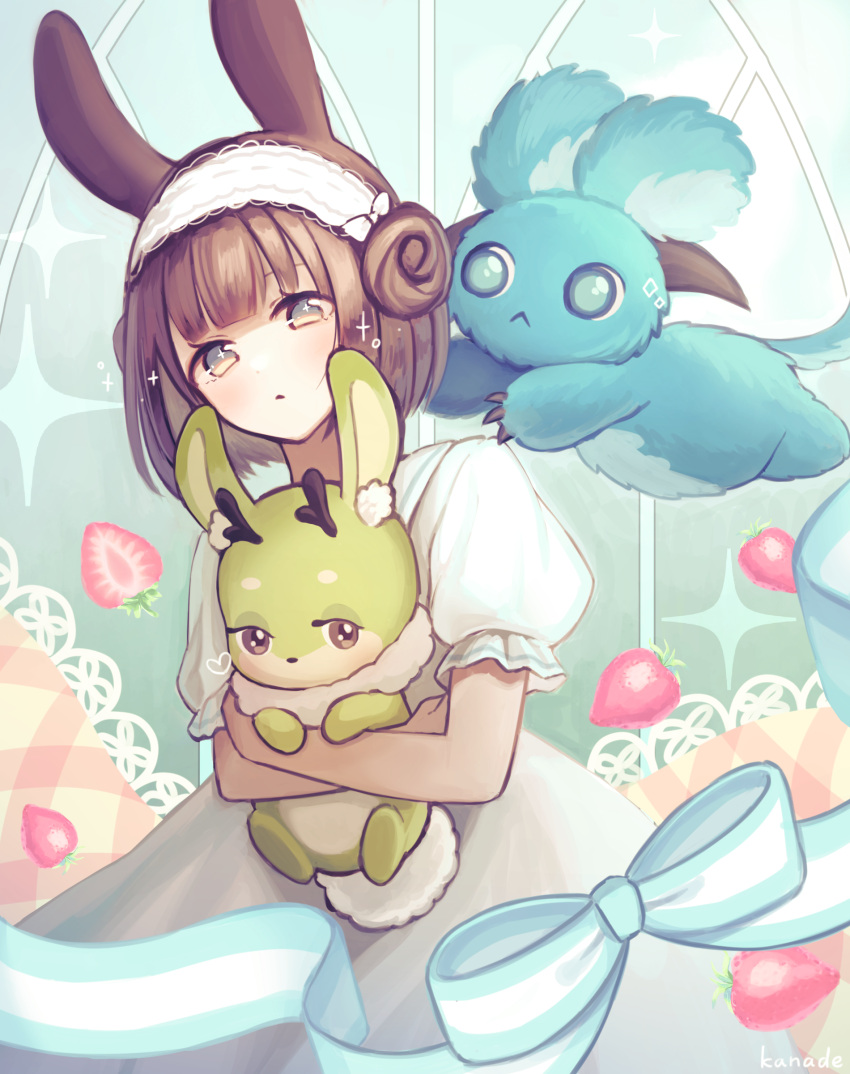 +_+ :< absurdres animal_ear_fluff animal_ears animal_hug antlers artist_name blue_bow blue_eyes blunt_bangs bow brown_eyes brown_hair commentary_request cornu_lepus_(livly_island) cryptid double_bun eyebrows_hidden_by_hair female food fruit hair_bun highres horns hug jackalope kuroneko13x livly livly_island looking_at_viewer open_mouth puffy_short_sleeves puffy_sleeves rabbit rabbit_ears rabbit_tail short_hair short_sleeves solo sparkle strawberry striped striped_bow tail tsunoriml_(livly_island)