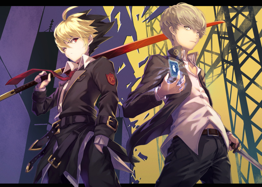 2boys belt black_hair black_jacket blonde_hair buttons card collared_shirt dress_shirt dyed_bangs frown grey_eyes grey_hair hand_up highres holding holding_sword holding_weapon jacket katana kido_hyde long_sleeves male_focus multicolored_hair multiple_boys narukami_yuu necktie online_neet open_clothes open_jacket over_shoulder persona persona_4 persona_4:_the_ultimate_in_mayonaka_arena red_eyes school_uniform serious shirt short_hair simple_background sword two-tone_background two-tone_hair under_night_in-birth weapon weapon_over_shoulder white_shirt yasogami_school_uniform