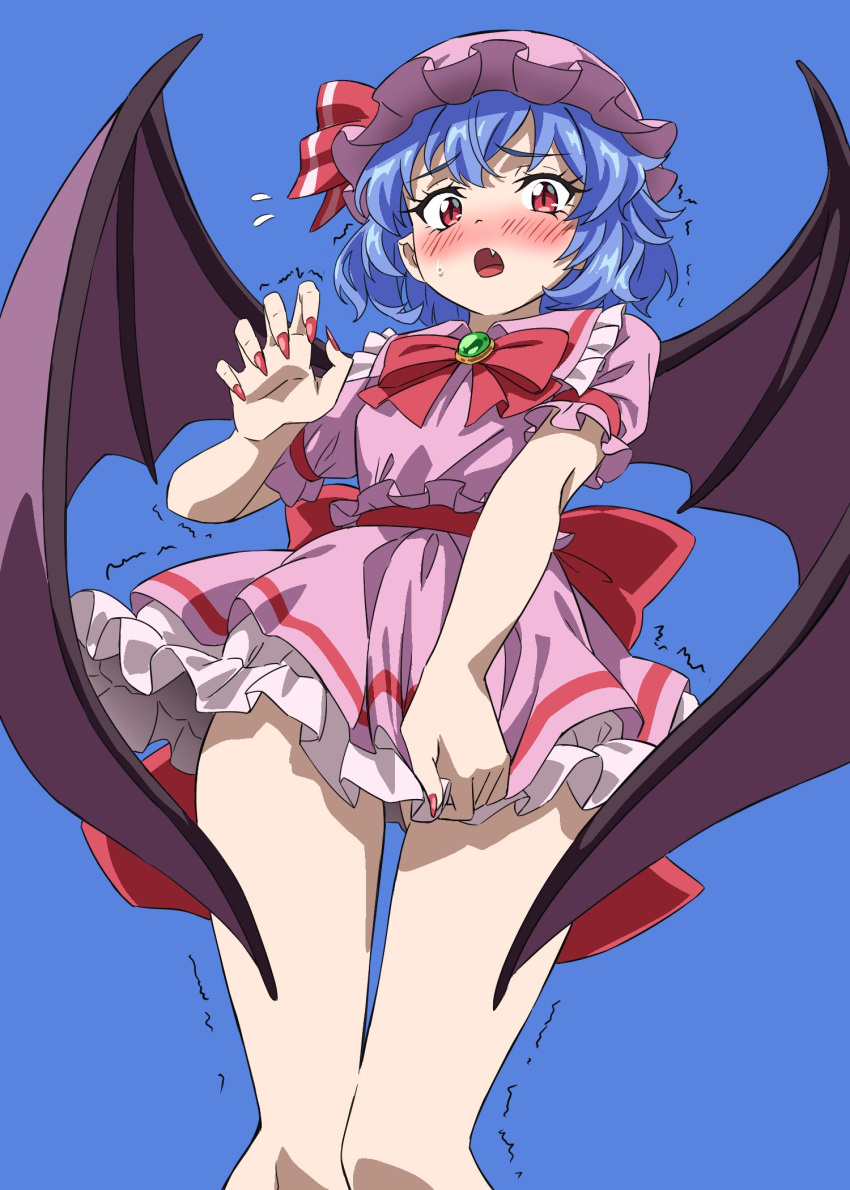 alternate_skirt_length ass_visible_through_thighs bat_wings blue_background blue_hair brooch clothes_pull cowboy_shot embarrassed embodiment_of_scarlet_devil female frilled_skirt frilled_sleeves frills from_below gyouza_(mhea5724) hat highres jewelry miniskirt mob_cap oerba_yun_fang open_mouth petticoat red_eyes remilia_scarlet short_hair short_sleeves skirt skirt_tug solo thigh_gap thighs touhou trembling wings