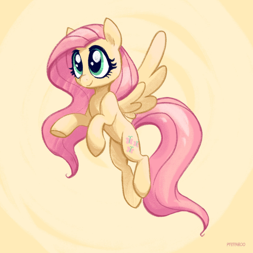 cutie_mark equid equine eyelashes feathered_wings feathers female feral fluttershy_(mlp) friendship_is_magic green_eyes hair hasbro hi_res hooves long_hair mammal my_little_pony pegasus pfeffaroo pink_hair pink_tail simple_background solo tail wings yellow_background yellow_body yellow_feathers