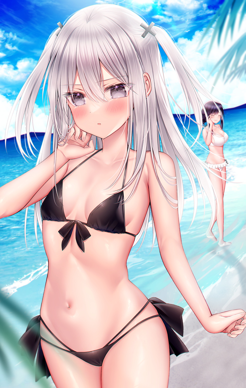 2girls absurdres bikini black_bikini black_hair blue_sky blush breasts cleavage closed_eyes cloud collarbone commentary_request day frilled_bikini frills grey_eyes grey_hair hair_between_eyes hair_ornament highres kuro_namako large_breasts lens_flare long_hair looking_at_viewer mountainous_horizon multiple_girls navel ocean original outdoors parted_lips sky small_breasts smile solo_focus standing stomach swimsuit twintails white_bikini x_hair_ornament