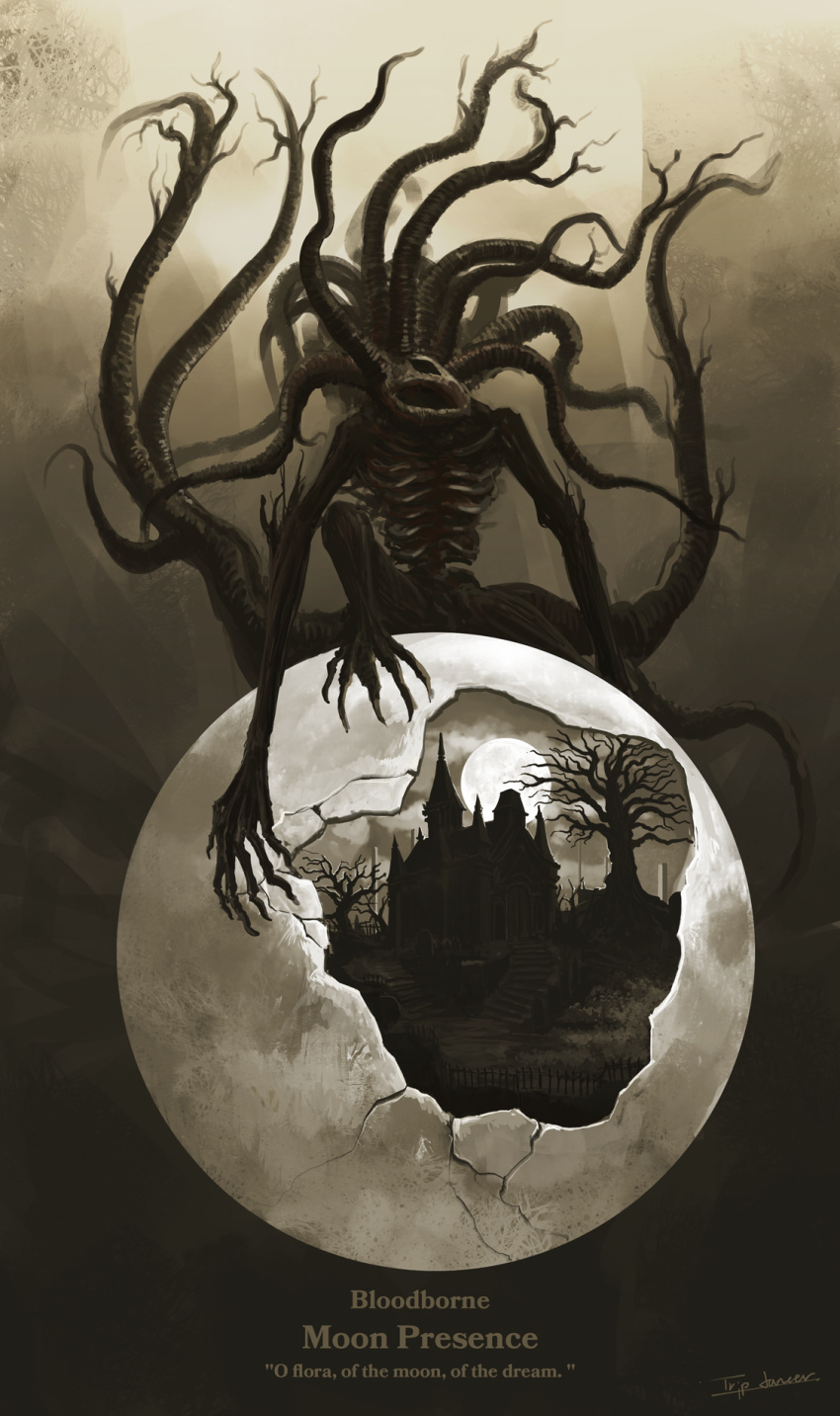 1other bare_tree bloodborne branch building character_name commentary copyright_name crack cracked_egg egg eldritch_abomination english_text full_moon highres holding monster moon moon_presence_(bloodborne) railing ribs scenery signature tentacle tree tripdancer