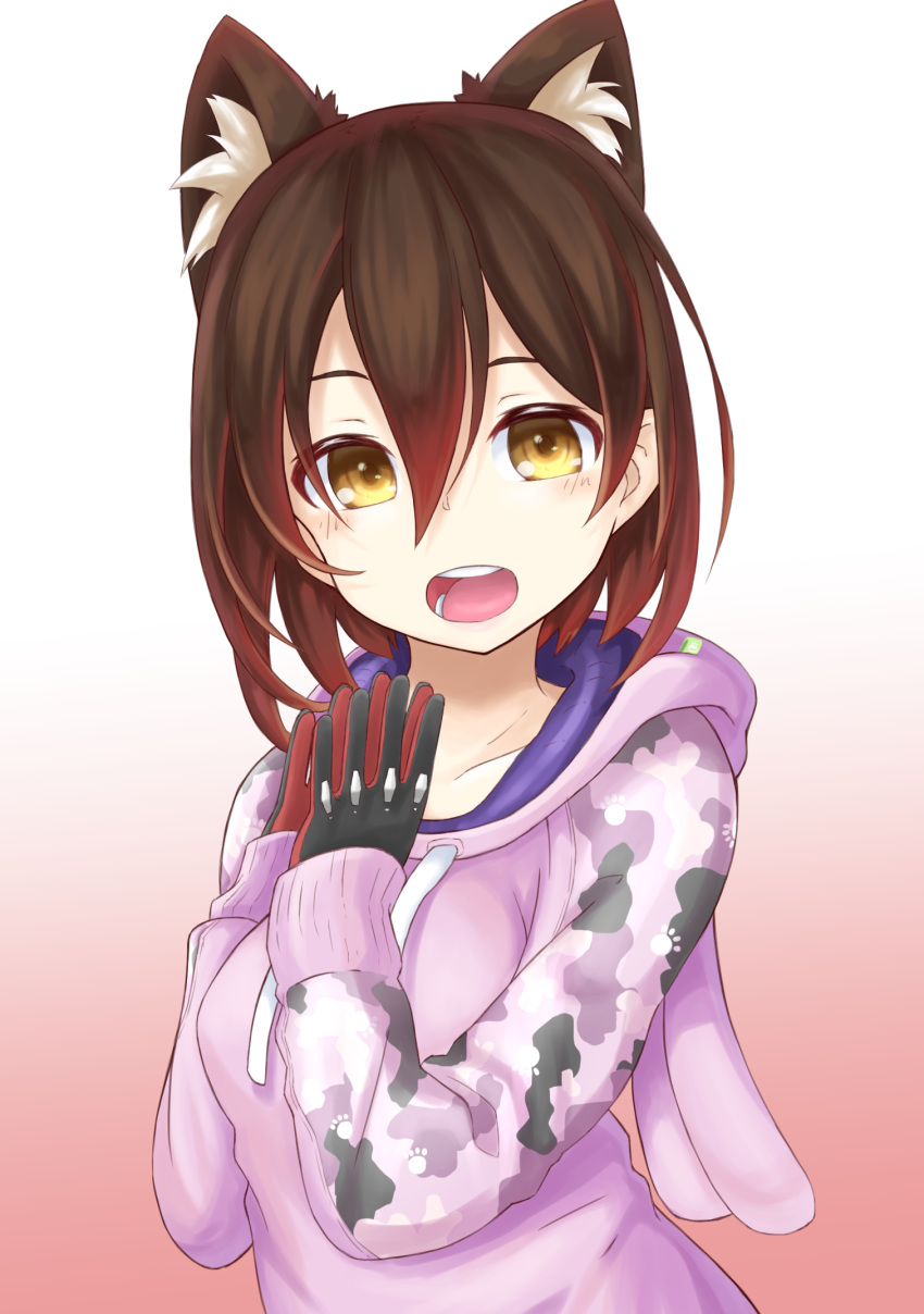 android animal_ears blush breasts brown_hair camouflage_hoodie collarbone commentary female highres hololive hood hoodie kemonomimi_mode looking_at_viewer mechanical_arms mechanical_hands medium_breasts official_alternate_costume open_mouth own_hands_together paw_print paw_print_pattern pink_hoodie roboco-san roboco-san_(hoodie) semi_colon short_hair single_mechanical_arm solo teeth virtual_youtuber yellow_eyes