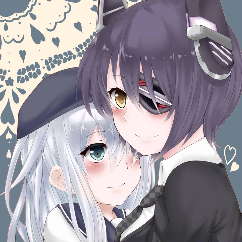 2girls absurdres bad_id bad_pixiv_id blue_eyes eyepatch flat_cap grey_hair hat headgear hibiki_(kancolle) highres izanagi_k_(twilight_crow) kantai_collection long_hair motherly multiple_girls purple_hair school_uniform serafuku short_hair smile tenryuu_(kancolle) yellow_eyes