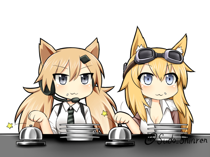 2girls animal_ears anthro blonde_hair blue_eyes breasts cat_smile catgirl cleavage girls_frontline goggles gray_eyes headphones idw_(girls_frontline) long_hair microphone mossberg_500_(girls_frontline) shirt signed sudo_shinren tie twintails white