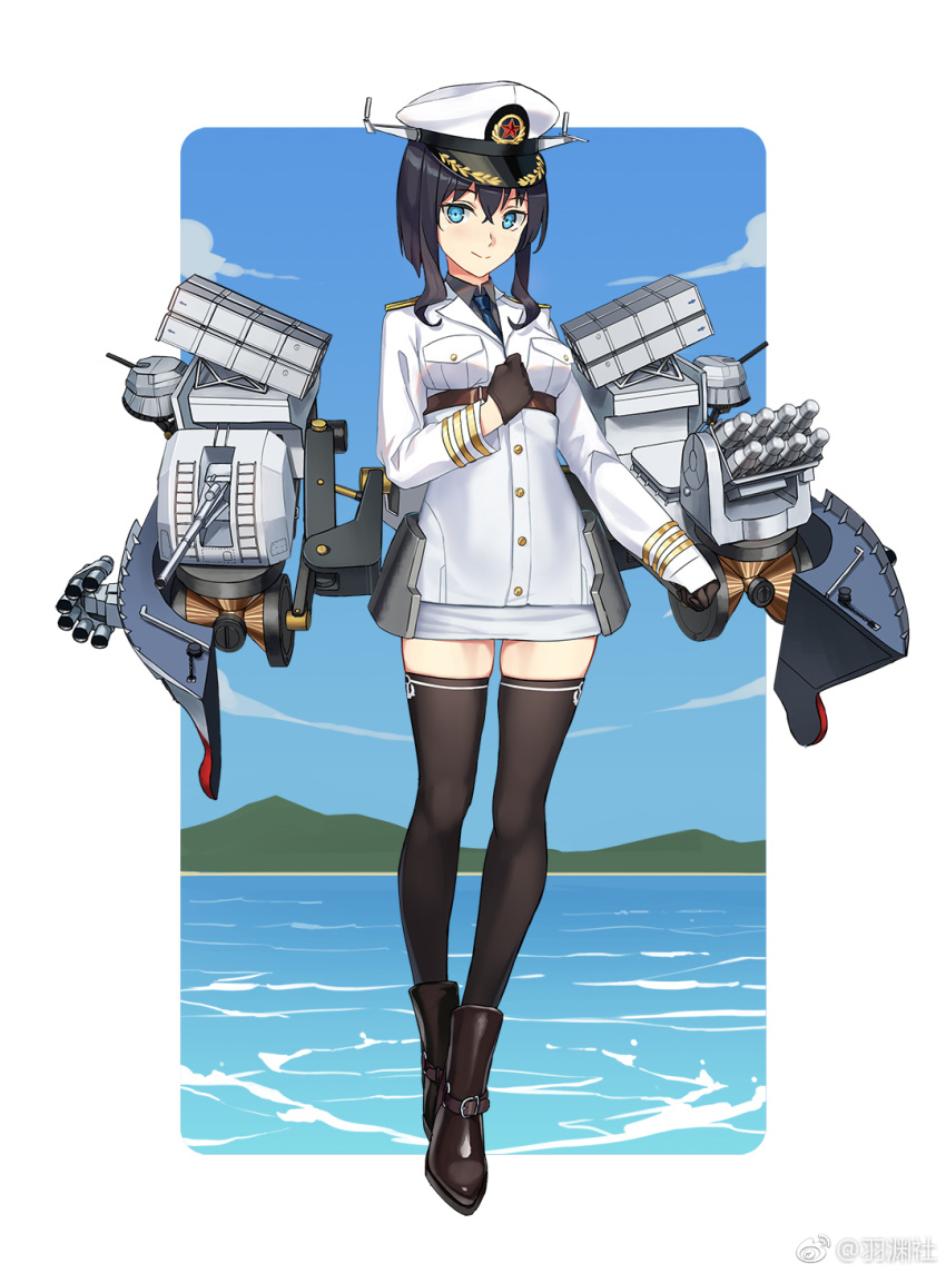 bad_link black_footwear black_gloves black_thighhighs blue_eyes dress female gloves hat highres military military_uniform original people's_liberation_army people's_liberation_army_navy ship short_hair solo thighhighs type_054_frigate uniform watercraft white_dress zi_se