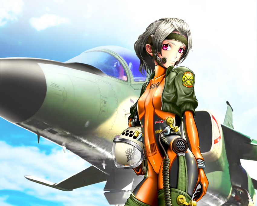 aircraft airplane bodysuit commentary_request female fighter_jet gloves jacket jet looking_at_viewer military military_vehicle mitsubishi_f-1 orange_bodysuit original photoshop_(medium) red_eyes shiny_clothes short_ponytail skin_tight solo suzuki_tadatomo vehicle_focus white_hair