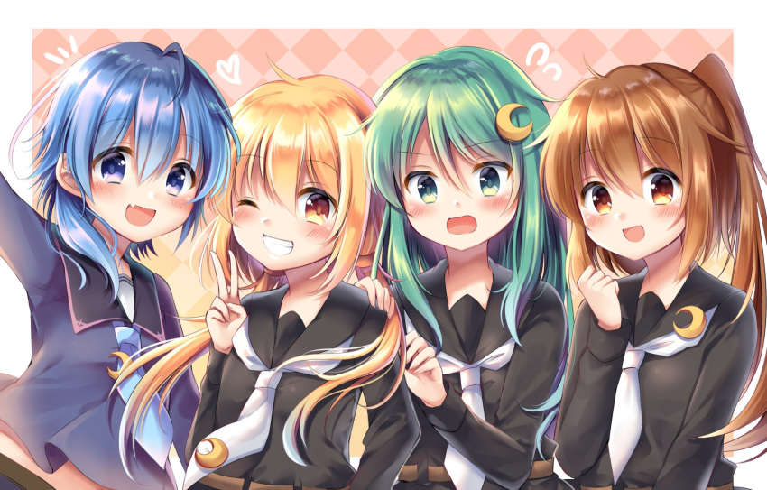 asymmetrical_hair black_serafuku blonde_hair blouse blue_blouse blue_eyes blue_hair blue_shorts blush crescent crescent_hair_ornament crescent_moon_pin embarrassed frilled_shorts frills fumizuki_(kantai_collection) green_eyes green_hair hair_ornament highres kantai_collection long_hair long_sleeves low_twintails megu_kaze minazuki_(kantai_collection) multiple_girls nagatsuki_(kantai_collection) neckerchief necktie oerba_yun_fang one_eye_closed open_mouth ponytail satsuki_(kantai_collection) school_uniform serafuku short_hair_with_long_locks shorts smile twintails white_neckwear yellow_eyes