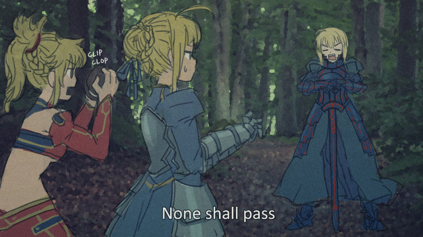 3girls ahoge armor armored_dress artoria_pendragon_(fate) blonde_hair bow braid coconut commentary cyp_tw dual_persona english_commentary fate/apocrypha fate/grand_order fate/stay_night fate_(series) forest hair_bun hairbow highres monty_python monty_python_and_the_holy_grail mordred_(fate) mordred_(fate/apocrypha) multiple_girls nature parody ponytail rectangular_mouth saber_(fate) saber_alter scene_reference short_hair single_hair_bun subtitled sweatdrop sword weapon