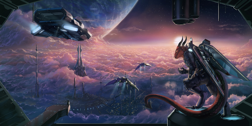 2015 2:1 aaros amazing_background anthro city cloud detailed detailed_background dragon future hi_res male mythological_creature mythological_scalie mythology planet reptile scalie sky solo space sunset tail talaran technology world