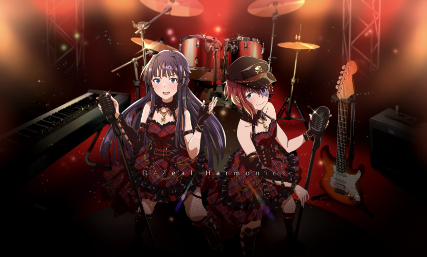 2girls :d amplifier black_hair blue_eyes blush boots bracelet breasts brown_eyes brown_hair chains commentary d_zeal dress drum drum_set electric_guitar fender_stratocaster fishnet_legwear fishnets gloves gold guitar hair_ornament highres idolmaster idolmaster_million_live! idolmaster_million_live!_theater_days instrument jewelry jirion julia_(idolmaster) keyboard_(instrument) knee_boots light_particles long_hair looking_at_viewer microphone mogami_shizuka multiple_girls necklace open_mouth red_hair short_hair skirt smile star_(symbol)