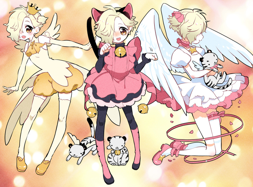 1boy animal_ears bell black_legwear blonde_hair cardcaptor_sakura cat_ears cat_tail chinese_commentary choker commentary_request cosplay crossdressing crown dress gokotai gokotai's_tigers hair_over_one_eye kinomoto_sakura kinomoto_sakura_(cosplay) kinomoto_sakura_(pink_kitty_costume) kinomoto_sakura_(platinum_star_dress) kinomoto_sakura_(winged_egg_crown_costume) male_focus oerba_yun_fang open_mouth otoko_no_ko petals puffy_short_sleeves puffy_shorts puffy_sleeves short_sleeves shorts smile soul_(tamashii) tail thighhighs tiger touken_ranbu white_tiger wings yellow_eyes yellow_legwear