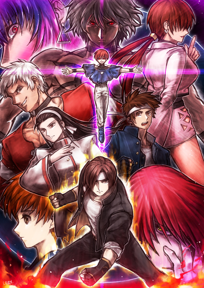 3girls 6+boys absurdres black_hair blue_hair brown_eyes brown_hair choker chris_(kof) commentary_request cropped_jacket dual_persona earrings fingerless_gloves fire food_fighter_441 gloves hair_over_eyes hair_over_one_eye hairband headband highres jacket jewelry kagura_chizuru kusanagi_kyou kushinada_yuki leona_heidern leotard lipstick long_hair makeup miniskirt multiple_boys multiple_girls muscular nanakase_yashiro orochi_(kof) pants photoshop_(medium) ponytail purple_fire red_eyes red_hair school_uniform shermie_(kof) short_hair skirt smile suspenders the_king_of_fighters the_king_of_fighters_'97 topless twintails white_hair yabuki_shingo yagami_iori