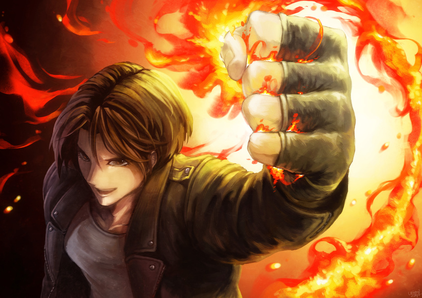 1boy absurdres brown_eyes brown_hair clenched_hand commentary_request fingerless_gloves fire food_fighter_441 gloves highres jacket kusanagi_kyou male_focus open_mouth photoshop_(medium) pyrokinesis shirt solo t-shirt the_king_of_fighters the_king_of_fighters_xiii