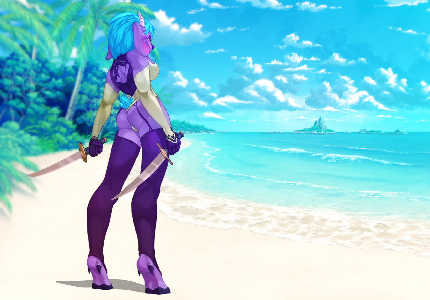 aevoa anthro ass beach bovid breasts butt_pose caprine clothed clothing estih female goat hi_res mammal melee_weapon outside pose sea seaside solo sword water weapon