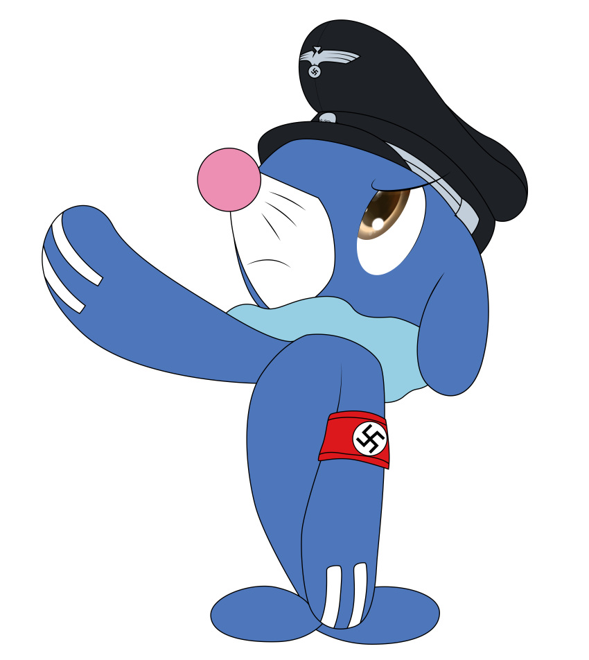 absurd_res alpha_channel ambiguous_gender an-m armband biped blue_body blue_skin brown_eyes clothing frown generation_7_pokemon gesture hat headgear headwear hi_res mammal mostly_nude nazi nazi_salute nintendo peaked_cap pink_nose pokemon pokemon_(species) popplio salute schutzstaffel simple_background solo standing swastika toony transparent_background