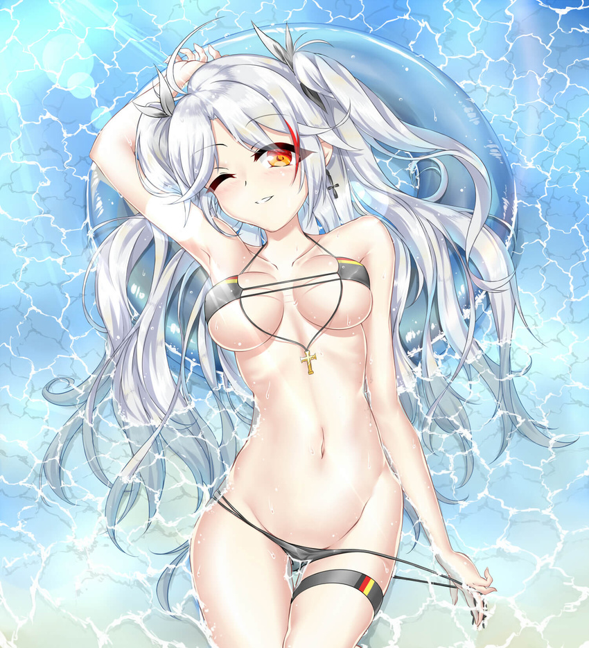 antenna_hair arm_at_side azur_lane bikini black_bikini blush breasts cleavage collarbone commentary cowboy_shot cross female flag_print from_above german_flag german_flag_bikini hair_spread_out hand_up highres iron_cross lens_flare long_hair looking_at_viewer lowleg lowleg_bikini lying multi-strapped_bikini_bottom multi-strapped_bikini_top multicolored_hair navel official_alternate_costume on_back one_eye_closed outdoors panties panty_pull parted_lips partially_submerged prinz_eugen_(azur_lane) prinz_eugen_(unfading_smile)_(azur_lane) smile streaked_hair swept_bangs swimsuit teeth thigh_gap thigh_strap two_side_up underwear water white_hair xin_(zinc) yellow_eyes