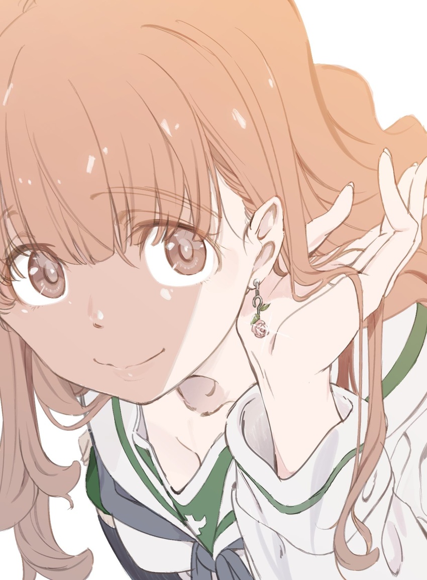 blunt_bangs breasts brown_eyes brown_hair cleavage close-up commentary_request earrings female fingernails girls_und_panzer highres jewelry long_hair long_sleeves medium_breasts ooarai_school_uniform saitou_atsushi_(kamatamanankotu) school_uniform serafuku solo takebe_saori