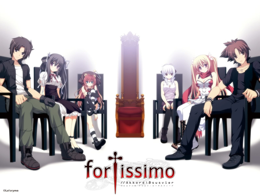 2boys 4girls black_hair blonde_hair brown_hair copyright_name fortissimo//akkord:bsusvier highres kurobane_sayuki multicolored_hair multiple_boys multiple_girls orange_hair paint.net_(medium) sakura_(fortissimo) satomura_momiji sitting sumeragi_ryuichi suzushiro_nagisa white_hair yoshino_reiji