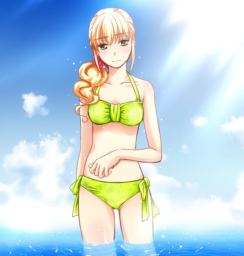 blonde_hair blush breasts colorized commentary_request female fortune_quest goma_azarasi long_hair looking_at_viewer pastel_g._king small_breasts solo swimsuit wading