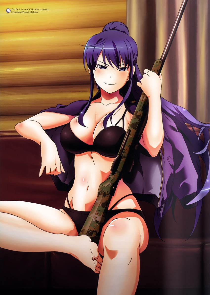 absurdres barefoot black_bra black_panties blue_eyes blue_hair blush body_blush bolt_action bra breasts camouflage camouflage_paint cleavage closed_mouth collarbone copyright_name curtains female foot_out_of_frame grisaia_(series) grisaia_no_kajitsu grisaia_no_meikyuu gun highleg highleg_panties highres holding holding_gun holding_weapon indoors jacket jacket_on_shoulders kusakabe_asako large_breasts long_hair looking_at_viewer md5_mismatch navel official_art panties photoshop_(medium) ponytail remington_model_700 rifle scan sitting smile sniper_rifle solo toes underwear underwear_only weapon wooden_wall