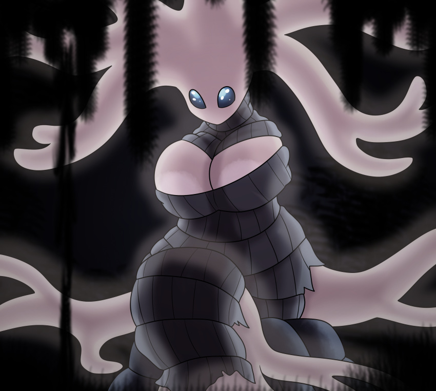 absurd_res areola big_breasts black_background blue_eyes bound breasts elemental_creature empty_eyes featureless_(disambiguation) female flora_fauna hi_res hollow_knight non-mammal_breasts not_furry plant simple_background solo team_cherry white_lady_(hollow_knight) wrappings yoshimister