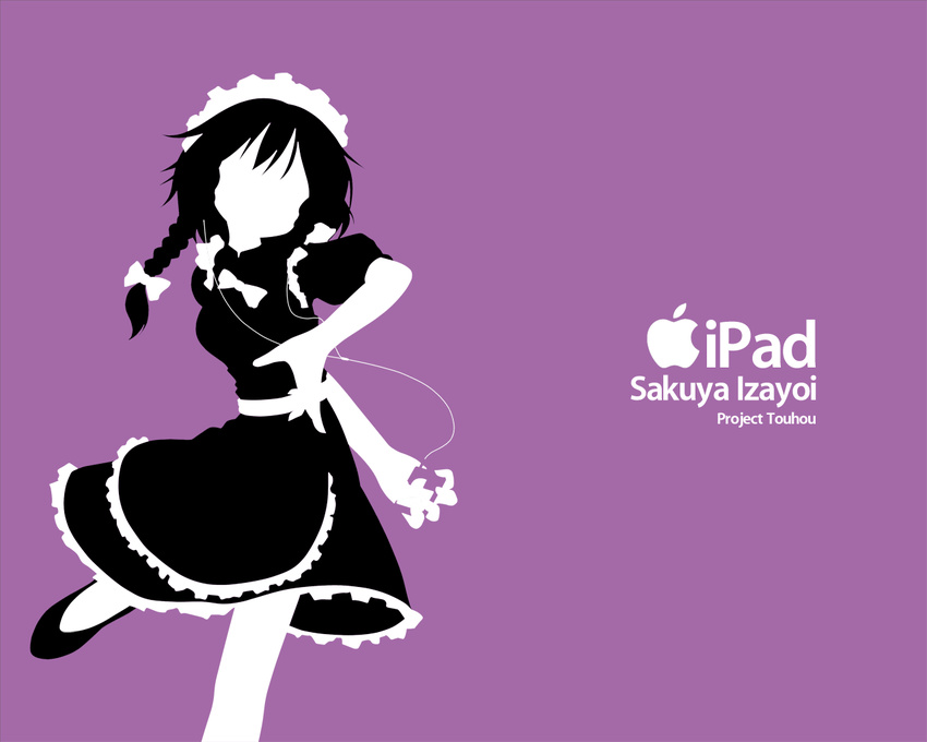 apple_inc. breast_padding digital_media_player female hair_ribbon ipod ipod_ad izayoi_sakuya kusaba_(kusabashiki) maid monochrome parody pun purple_background revision ribbon solo touhou