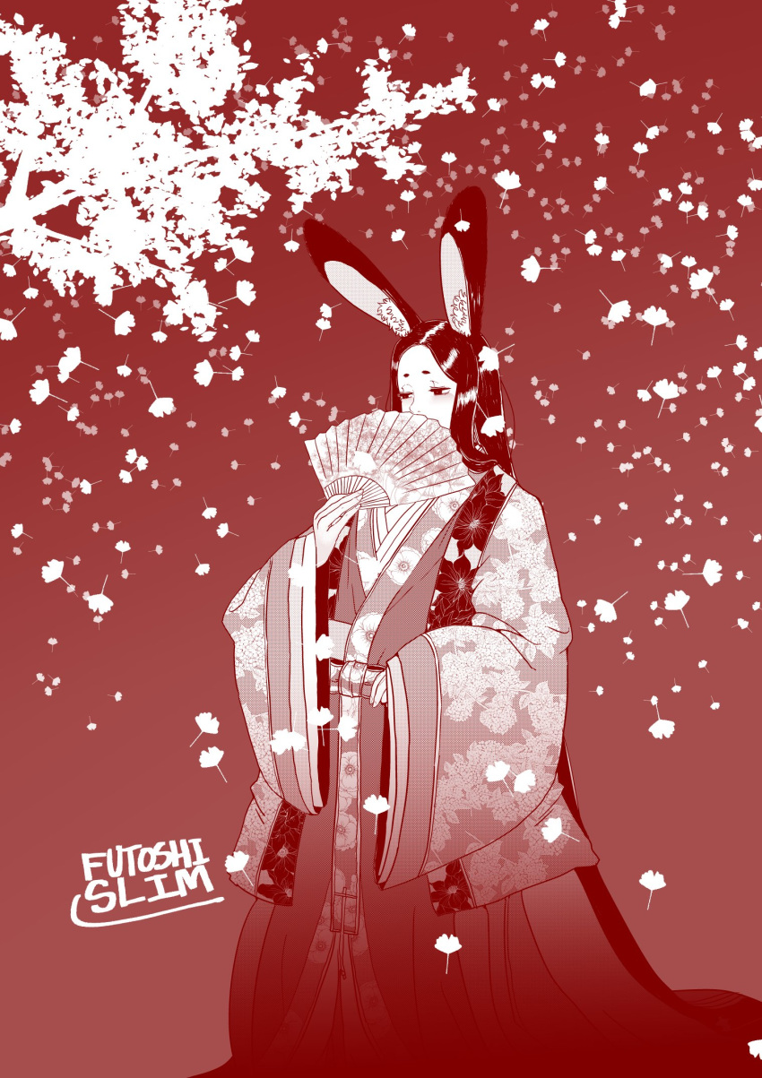 animal_ears bad_id bad_twitter_id belt blush cherry_blossoms commentary_request covering_own_mouth female folding_fan futoshi_slim hand_fan highres holding holding_fan japanese_clothes kimono long_hair long_sleeves monochrome original rabbit_ears red_theme short_eyebrows signature solo standing tree wide_sleeves