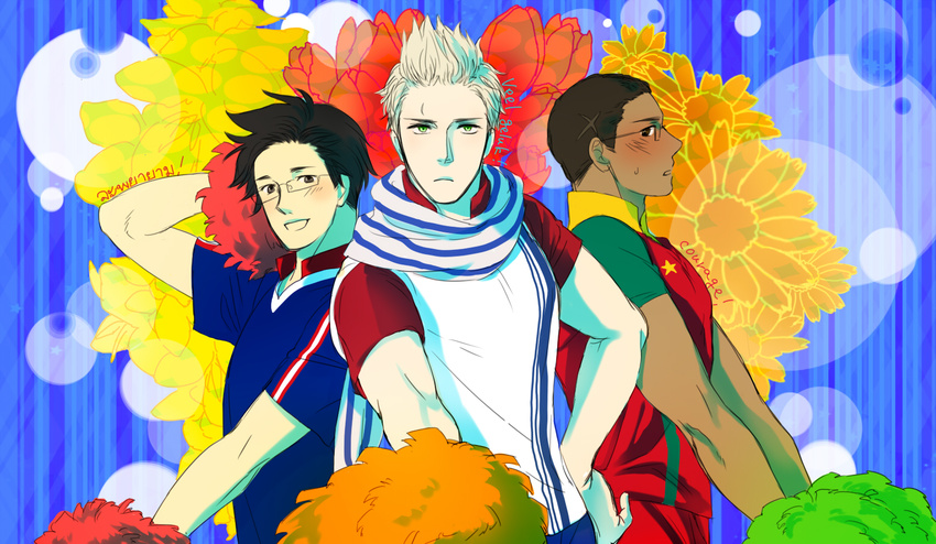 3boys axis_powers_hetalia bad_id bad_pixiv_id black_hair blonde_hair blush brown_eyes cameroon_(hetalia) commentary_request dark-skinned_male dark_skin dutch_text english_text flower fromtheblue glasses green_eyes male_focus multiple_boys netherlands_(hetalia) open_mouth pom_pom_(cheerleading) scarf smile sweat thai_text thailand_(hetalia)