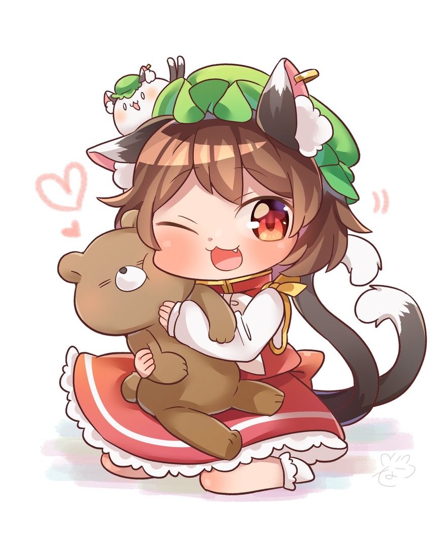 :3 animal_ear_fluff animal_ear_piercing animal_ears blush bobby_socks cat_ears cat_tail chen chibi commentary_request creature_on_head female food hat heart highres hugging_doll hugging_object ibaraki_natou long_sleeves looking_at_viewer mob_cap mochen mochi multiple_tails o_o oerba_yun_fang one_eye_closed open_mouth red_eyes red_skirt red_vest shirt sitting skirt skirt_set socks solo stuffed_animal stuffed_toy tail teddy_bear touhou vest wariza white_background white_shirt white_socks