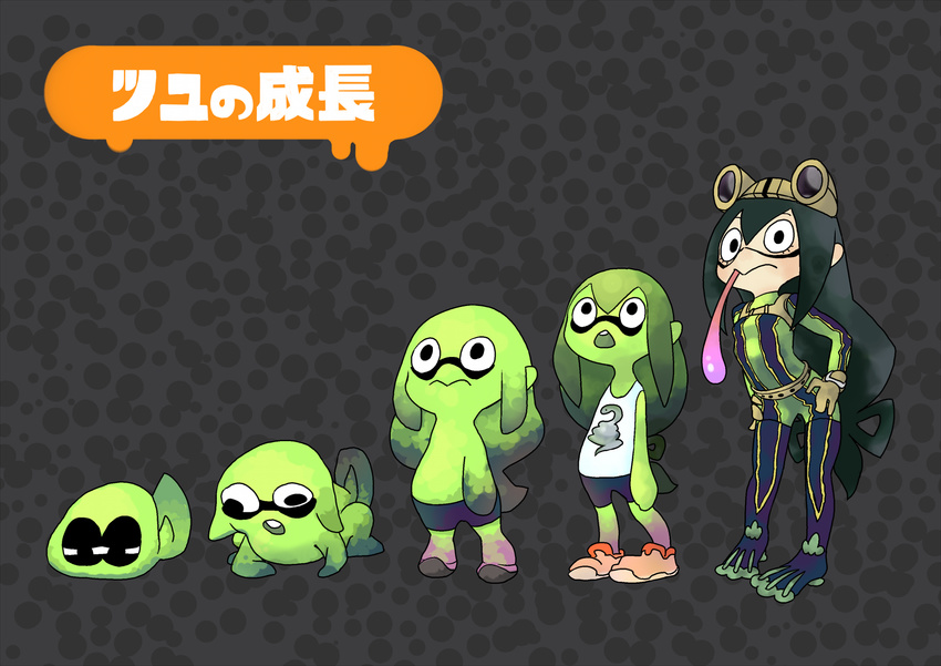 :> age_progression asui_tsuyu black_eyes black_legwear bodysuit boku_no_hero_academia brown_gloves commentary_request derivative_work female frog_girl gloves goggles goggles_on_head green_bodysuit hair_rings hands_on_own_hips highres long_hair long_tongue low-tied_long_hair no_nose o_den parody splatoon_(series) splatoon_1 tadpole tongue tongue_out translated webbed_feet