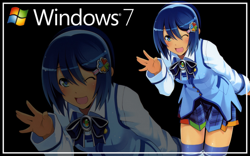 7 blue_eyes blue_hair bow madobe_nanami microsoft os-tan short_hair skirt thighhighs windows wink zoom_layer