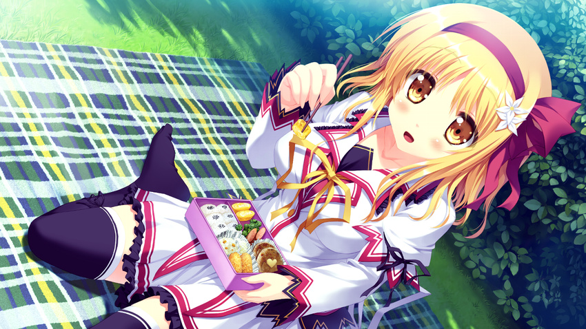 blonde_hair blush food game_cg koiken_otome seifuku short_hair someya_yuzu tateha thighhighs