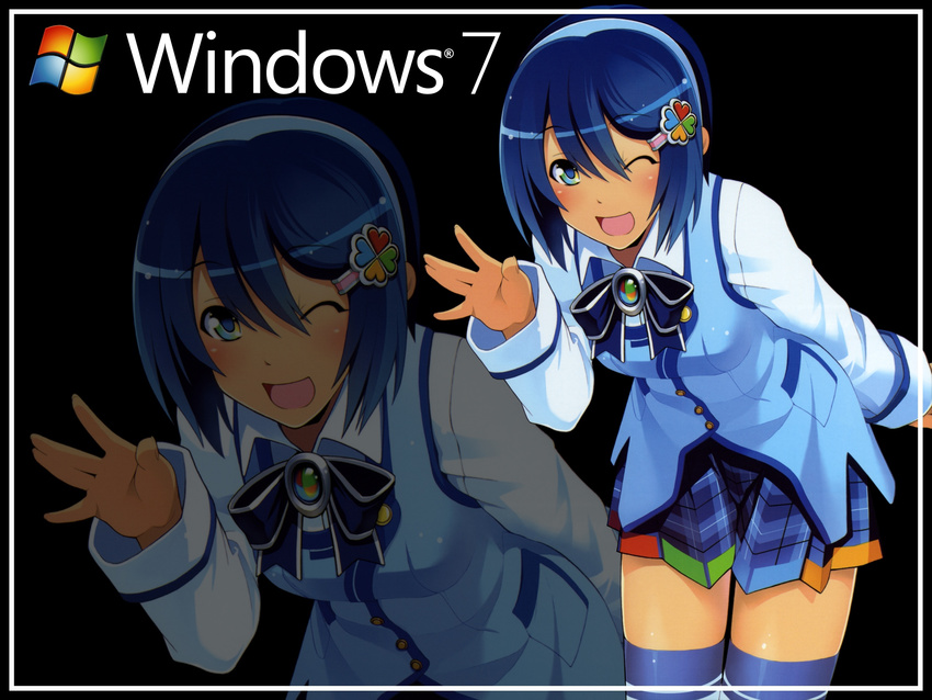 7 blue_eyes blue_hair bow madobe_nanami microsoft os-tan short_hair skirt thighhighs windows wink zoom_layer