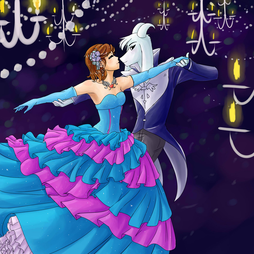 1:1 alternate_universe anthro asriel_dreemurr ball_gown boss_monster_(undertale) bovid caprine ceiling_lamp chandelier closed_eyes clothed clothing dancetale dancing digital_media_(artwork) dress duo female female_frisk_(undertale) frisk_(undertale) goat hi_res hopelessromantic721 human lamp light lighting male mammal romantic romantic_ambiance romantic_couple together_(disambiguation) undertale undertale_(series)