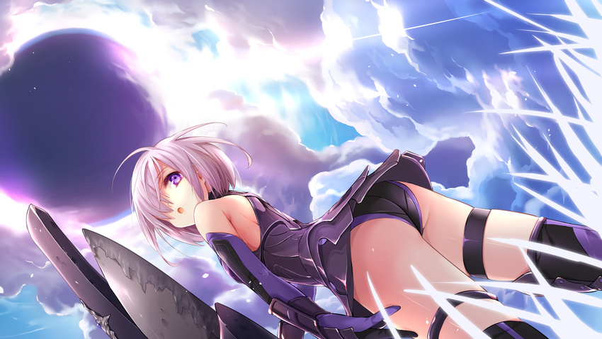 :o armor ass bare_shoulders cloud commentary_request day elbow_gloves fallstreak_hole fate/grand_order fate_(series) female gloves grass hair_over_one_eye highres looking_back lord_camelot_(fate) mash_kyrielight outdoors pink_hair purple_eyes shield short_hair sky solo thigh_strap thighhighs yoco_n