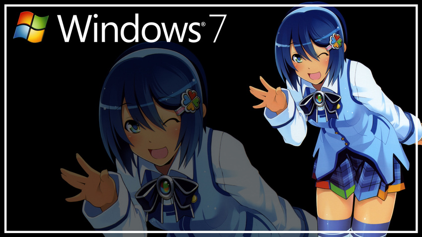 7 blue_eyes blue_hair bow madobe_nanami microsoft os-tan short_hair skirt thighhighs windows wink zoom_layer