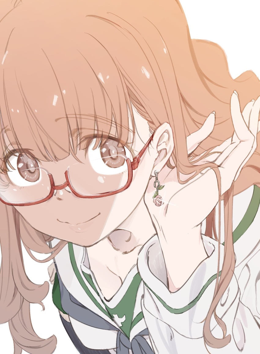 black_neckerchief blouse blunt_bangs close-up closed_mouth commentary_request ear_focus earrings female girls_und_panzer glasses hand_in_own_hair highres jewelry long_hair long_sleeves looking_at_viewer neckerchief ooarai_school_uniform orange_eyes orange_hair saitou_atsushi_(kamatamanankotu) school_uniform serafuku shirt smile solo takebe_saori white_shirt