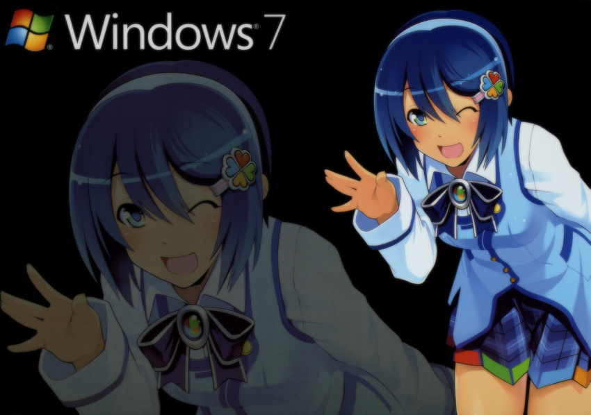 7 blue_eyes blue_hair bow madobe_nanami microsoft os-tan short_hair skirt thighhighs windows wink zoom_layer