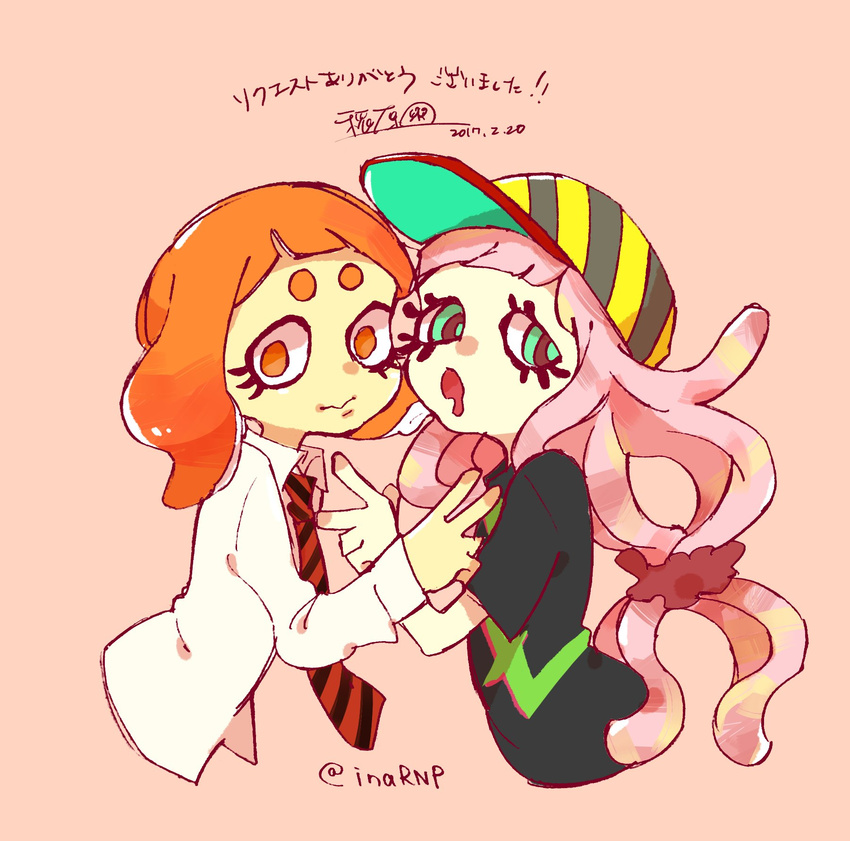 2girls baseball_cap black_shirt blunt_bangs commentary_request cropped_torso dated dress_shirt drooling eyelashes green_eyes harmony_(splatoon) hat highres hikimayu inahara long_hair looking_at_viewer low-tied_long_hair multiple_girls namida_(splatoon) necktie open_mouth orange_eyes orange_hair pink_background pink_hair ringed_eyes sea_anemone shirt short_hair signature simple_background splatoon_(series) striped striped_necktie t-shirt tentacle_hair twitter_username v