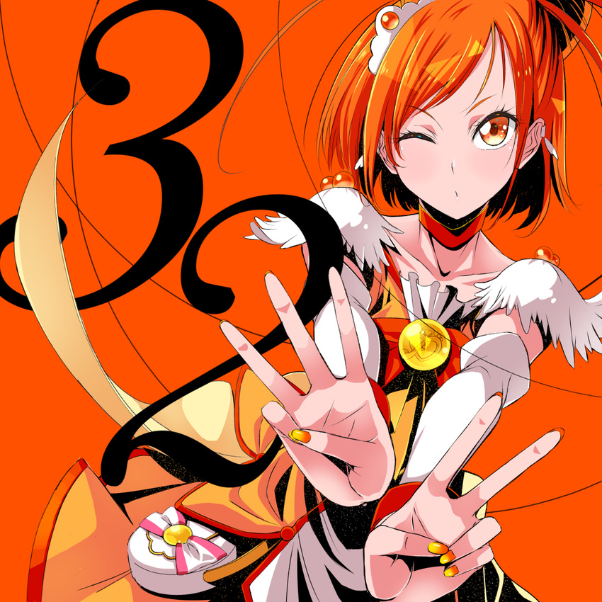 arm_warmers bow brooch choker commentary_request cure_sunny female hair_bun hino_akane_(smile_precure!) jewelry magical_girl mahkn nail_polish one_eye_closed orange_background orange_bow orange_choker orange_eyes orange_hair orange_nails orange_skirt orange_theme precure pun short_hair single_hair_bun skirt smile_precure solo