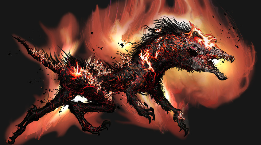 ambiguous_gender beast_(bloodborne) bloodborne canid canine canis charred charred_skin claws digitigrade domestic_dog elemental_creature feral fire fire_creature fromsoftware hi_res mammal monster official_art open_mouth sharp_teeth simple_background solo sony_corporation sony_interactive_entertainment teeth watchdog_of_the_old_lords_(bloodborne)