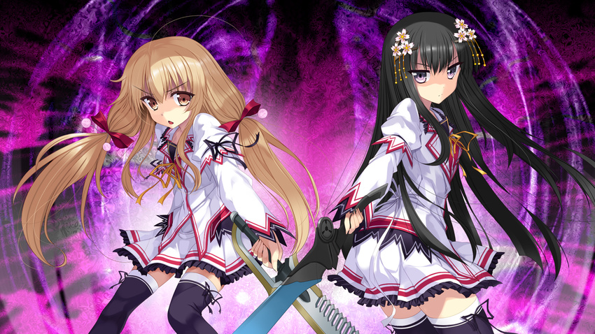 2girls black_hair brown_hair game_cg koiken_otome long_hair seifuku sword tateha thighhighs weapon