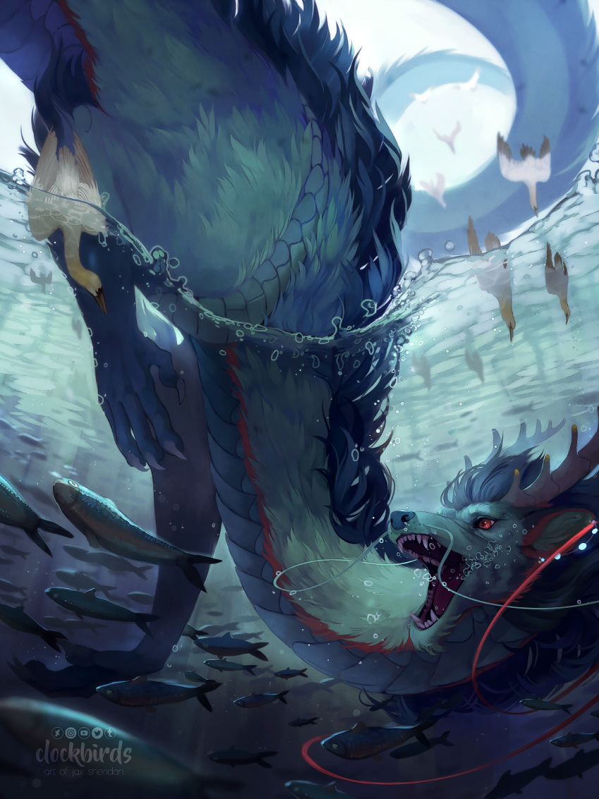 ambient_fish ambient_sealife ambiguous_gender asian_mythology avian bird blue_body blue_fur blue_hair cape_gannet claws clockbirds digital_media_(artwork) dragon east_asian_mythology eastern_dragon feral fish fur furred_dragon furred_scalie gannet group hair hi_res marine mythological_creature mythological_scalie mythology open_mouth partially_submerged scalie sulid teeth tongue water waterline_view