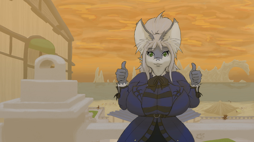 16:9 2016 anthro beach big_breasts bludragoon blue_body blue_fur bow_(feature) bow_tie breasts building bustle clothed clothing detailed_background dragon dress ear_piercing female flayra fur furred_dragon furred_scalie gesture green_eyes grey_hair hair hand_gesture hi_res huge_breasts looking_at_viewer mountain mythological_creature mythological_scalie mythology non-mammal_breasts outside piercing ponytail scalie sea seaside sky solo tent thick_thighs thumbs_up water wide_hips widescreen