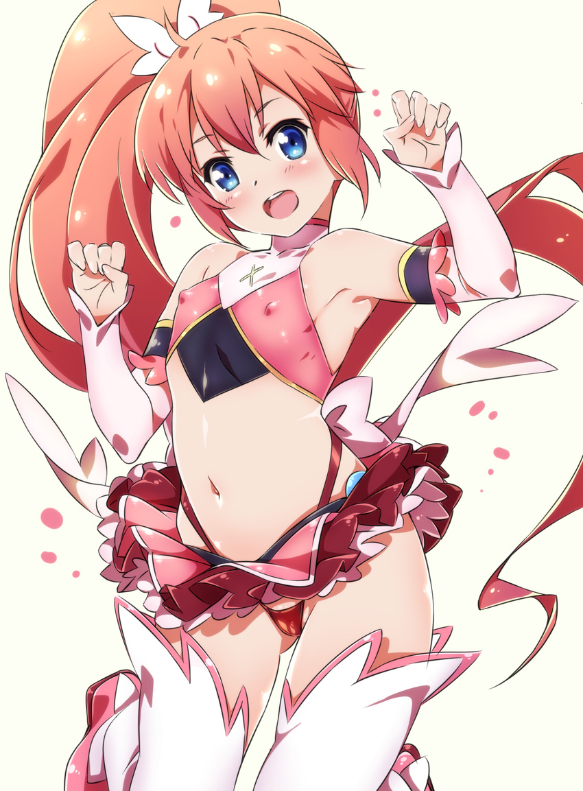 absurdres amatsuki_meguru angel_rose ass_visible_through_thighs bare_shoulders blue_eyes blush bow commentary_request covered_nipples detached_sleeves female flat_chest hairbow highres long_hair looking_at_viewer magical_girl midriff navel niko_(tama) open_mouth pink_hair shiny_clothes shiny_skin side_ponytail simple_background skirt solo teeth thighhighs thong twin_angel twin_angel_break white_background white_thighhighs