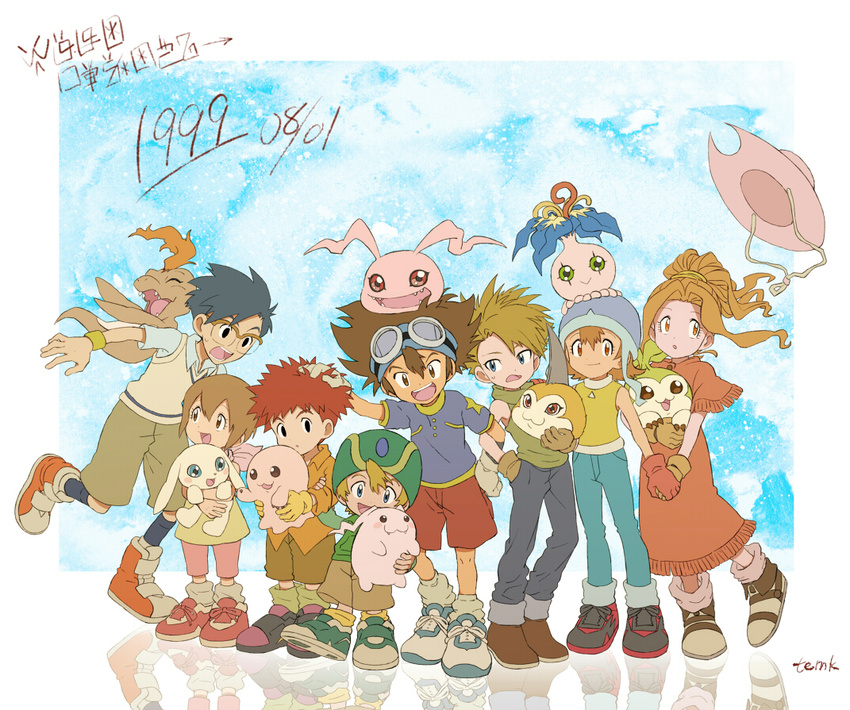 3girls 5boys :3 :d artist_name bad_id bad_pixiv_id black_eyes black_hair black_legwear blonde_hair blue_eyes bobby_socks boots brown_eyes brown_hair carrying commentary_request copyright_name cowboy_hat creature denim digimoji digimon digimon_(creature) digimon_adventure dress everyone fangs fringe_trim glasses gloves goggles goggles_on_head hand_in_pocket hand_on_another's_head hat holding_hands hood hoodie ishida_yamato izumi_koshiro jeans kido_jo kneehighs koromon locked_arms lolicon long_dress long_hair looking_at_another looking_at_viewer mochimon multiple_boys multiple_girls open_mouth orange_eyes orange_hair pants pink_legwear plotmon ponytail pukamon pyocomon red_hair reflection scarf shoes short_hair short_sleeves shorts sleeveless sleeveless_turtleneck smile sneakers socks spiked_hair standing sweat sweater_vest tachikawa_mimi takaishi_takeru takenouchi_sora tanemon temk tokomon translated tunomon turtleneck unworn_hat unworn_headwear white_legwear yagami_hikari yagami_taichi