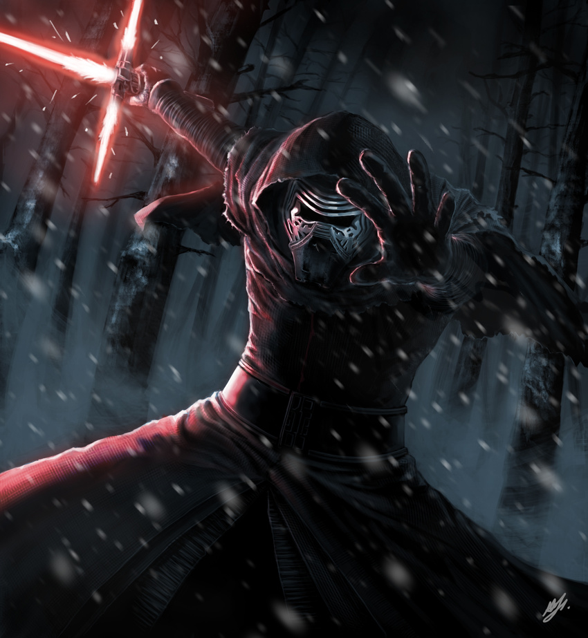 1boy adam_ryu_ford blizzard cloak commentary_request crossguard_lightsaber energy_sword first_order forest gloves helmet highres holding holding_lightsaber holding_sword holding_weapon hood hooded_cloak kylo_ren lightsaber long_sleeves looking_at_viewer male_focus mask nature outstretched_arms photoshop_(medium) plant realistic red_lightsaber science_fiction snow solo star_wars star_wars:_the_force_awakens starkiller_base sword tree weapon