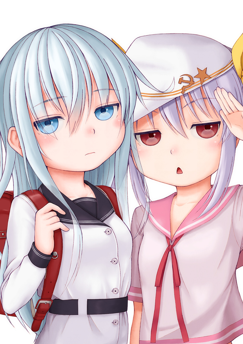 2girls antenna_hair arm_up backpack bad_id bad_pixiv_id bag blue_eyes blush chestnut_mouth crossover grey_hair hair_ribbon hane_yoshiyumi hat hibiki_(kancolle) highres jitome kantai_collection long_hair miyauchi_renge multiple_girls non_non_biyori nyanpassu~ open_mouth purple_hair randoseru red_eyes ribbon salute triangle_mouth twintails verniy_(kancolle)